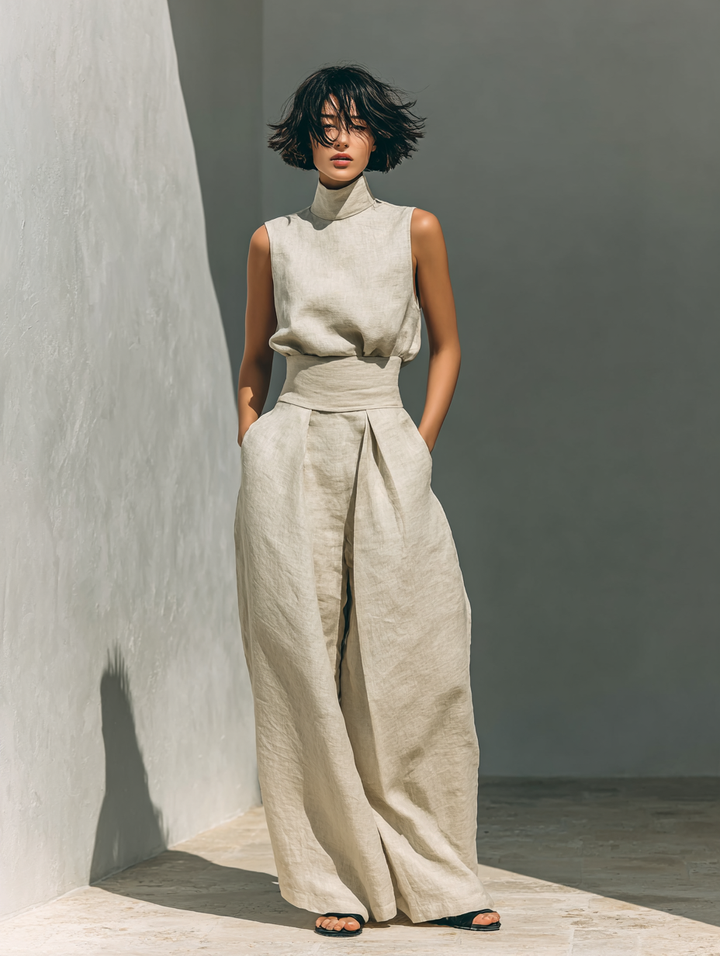 Sleeveless Blouse and Wide-Leg Pants Set in Cotton-Linen Blend