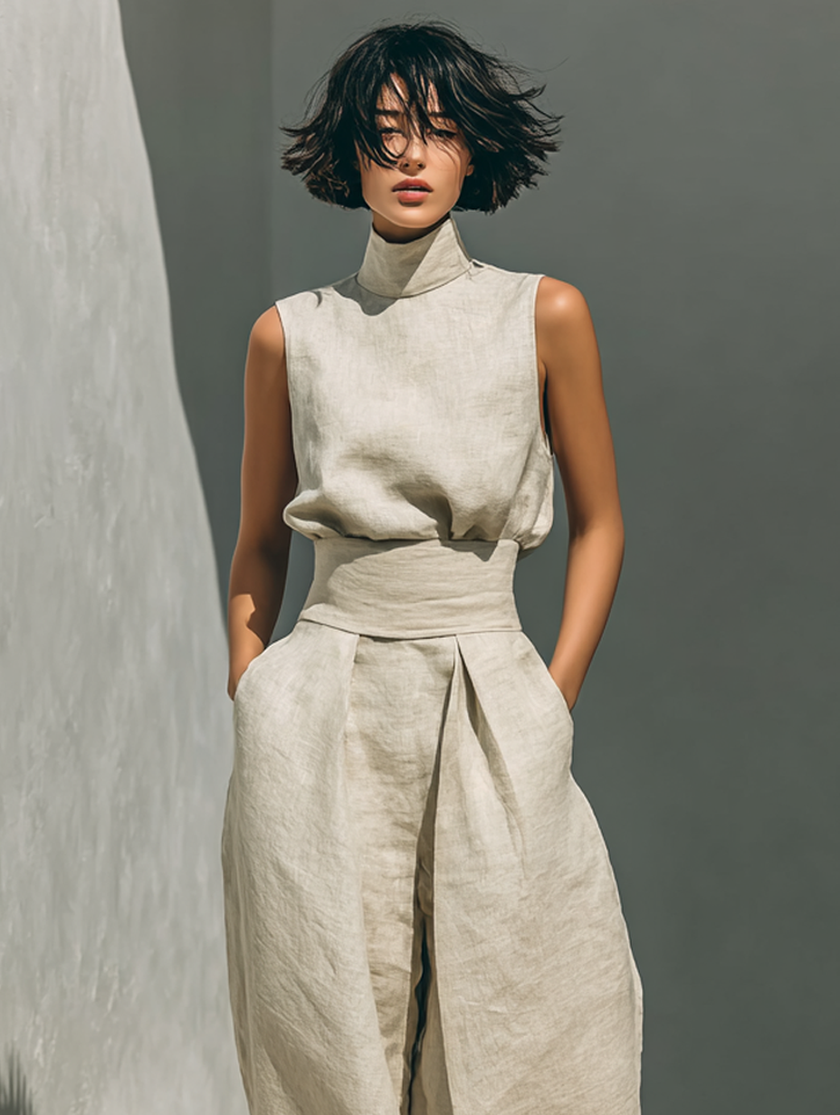Sleeveless Blouse and Wide-Leg Pants Set in Cotton-Linen Blend