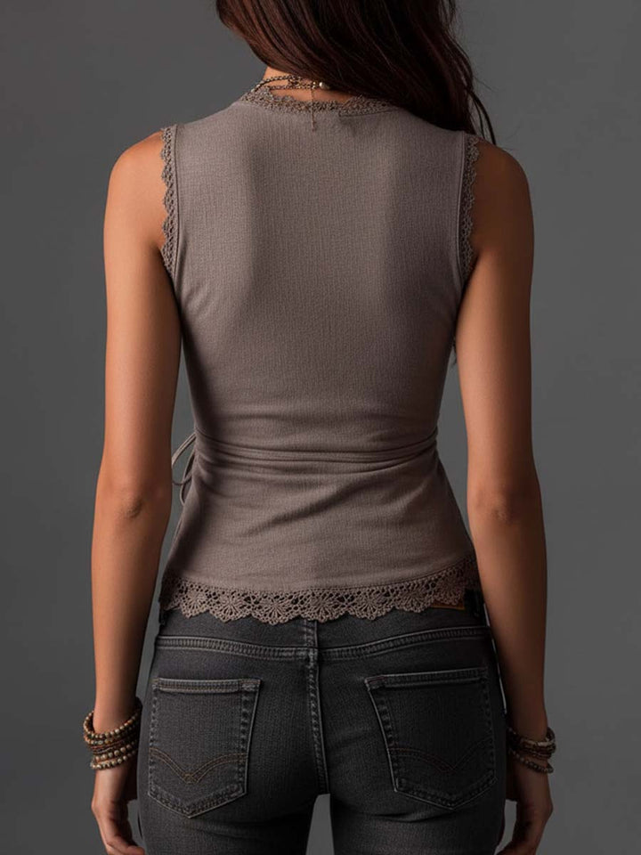 Taupe Cotton-Linen Blend Wrap-Front Lace-Trimmed Sleeveless Top