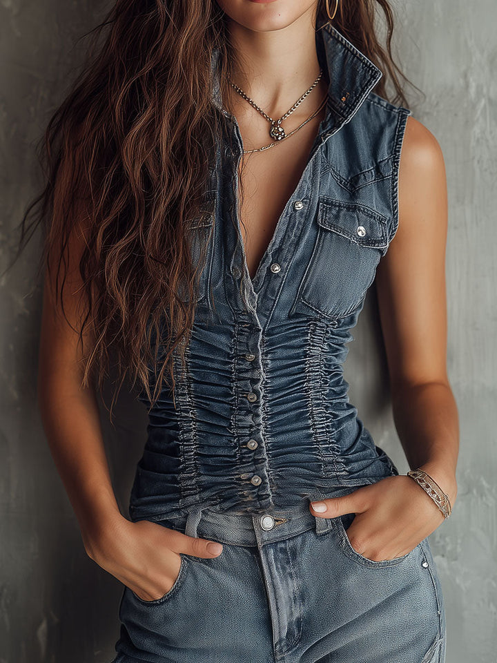Retro Blue Ruched Denim Sleeveless Shirt