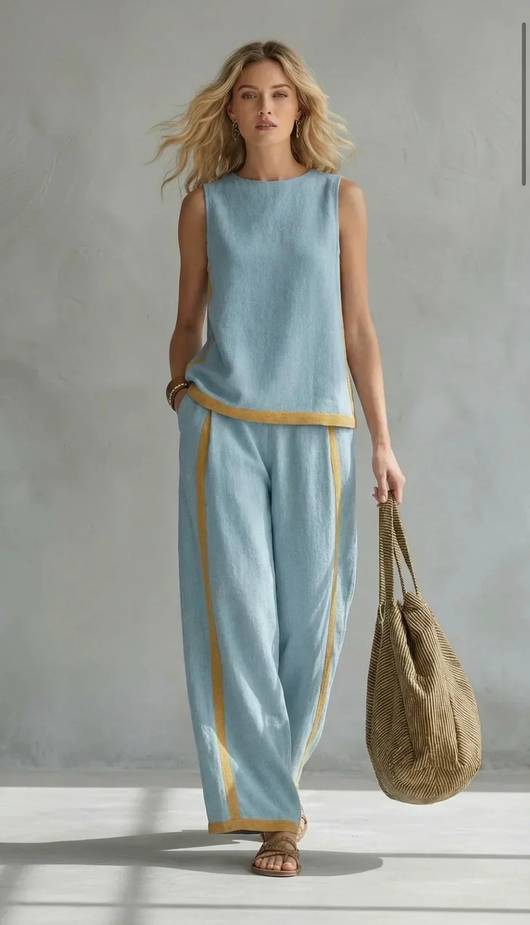 Ursula - Elegant Casual Vest and Pants Set with Two-Tone Trim