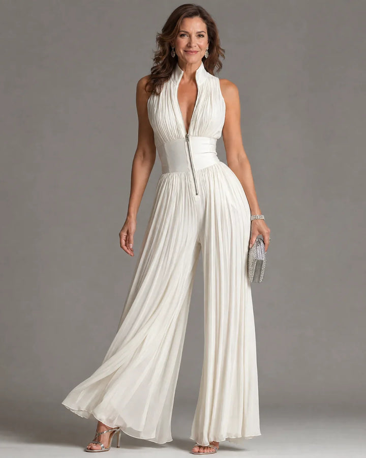 White Sleeveless Chiffon Jumpsuit with V-Neck, Zip and Pleated Wide-Leg Pants