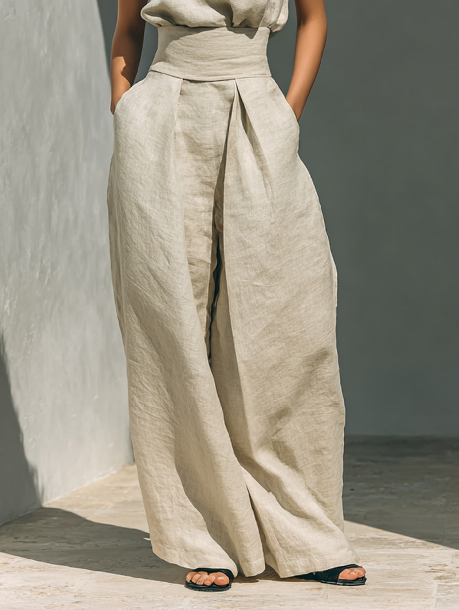 Sleeveless Blouse and Wide-Leg Pants Set in Cotton-Linen Blend