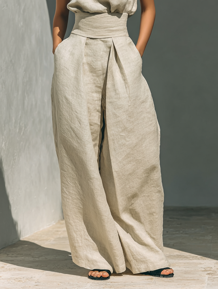 Sleeveless Blouse and Wide-Leg Pants Set in Cotton-Linen Blend
