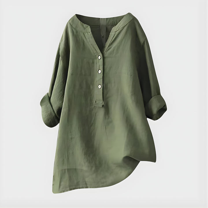 Veronique Elegant Cotton-Linen V-Neck Blouse