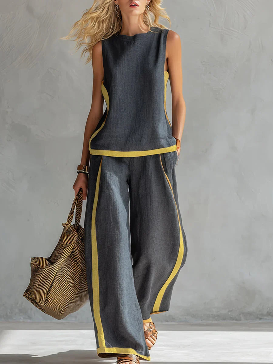 Ursula - Elegant Casual Vest and Pants Set with Two-Tone Trim