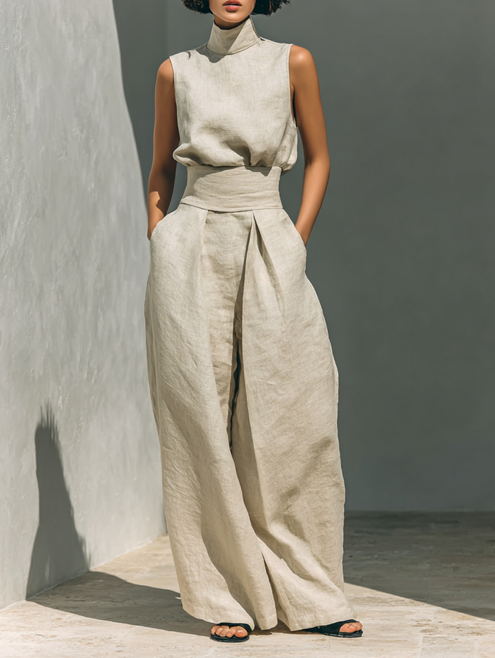 Sleeveless Blouse and Wide-Leg Pants Set in Cotton-Linen Blend