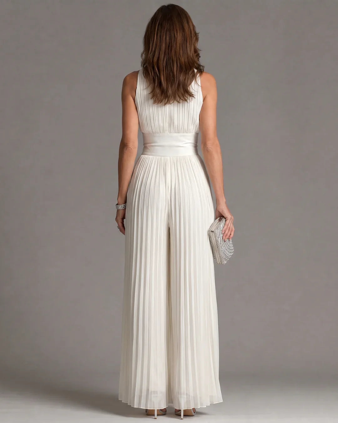 White Sleeveless Chiffon Jumpsuit with V-Neck, Zip and Pleated Wide-Leg Pants