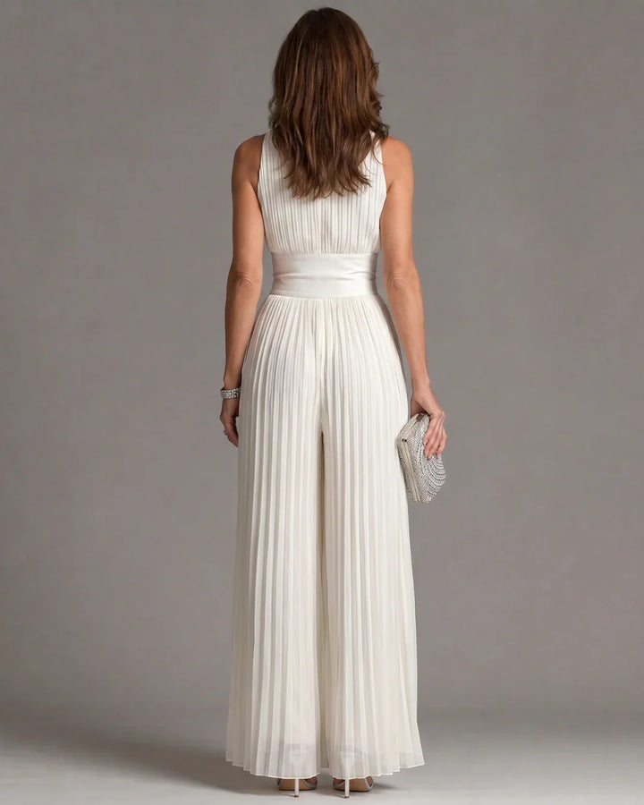 White Sleeveless Chiffon Jumpsuit with V-Neck, Zip and Pleated Wide-Leg Pants