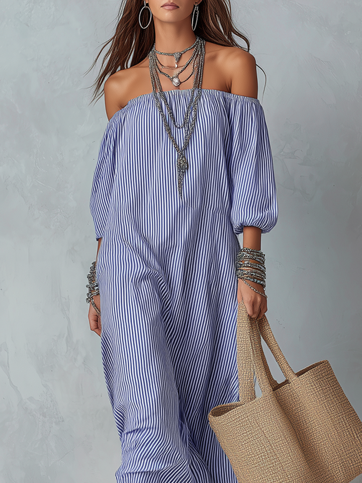 Blue And White Striped Off-the-shoulder Loose-fitting Resort Dress
