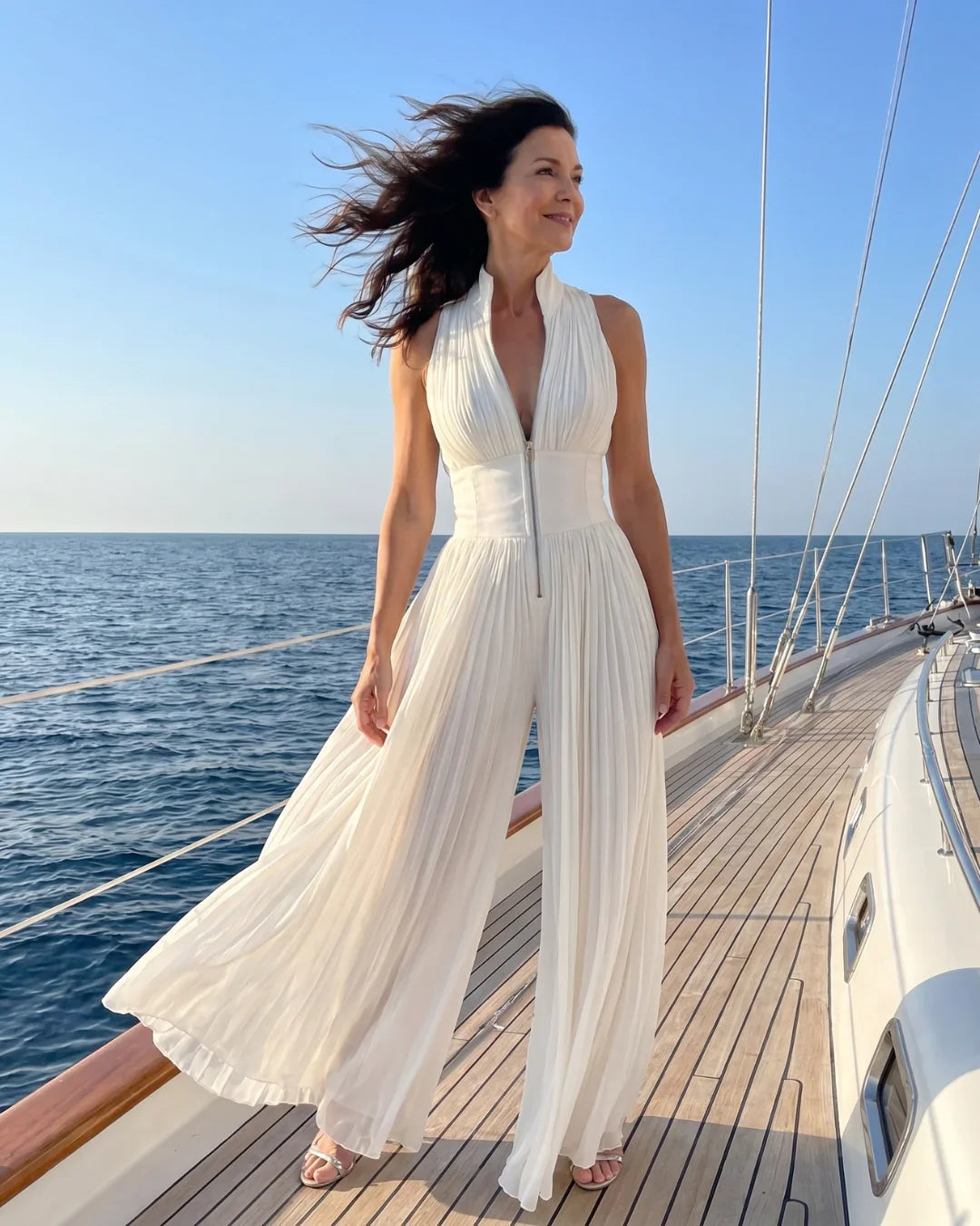 White Sleeveless Chiffon Jumpsuit with V-Neck, Zip and Pleated Wide-Leg Pants