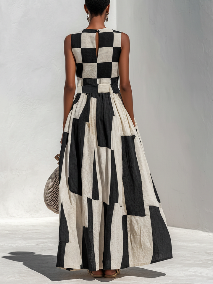 Fashionable Check And Stripe Pattern Sleeveless Maxi Dress