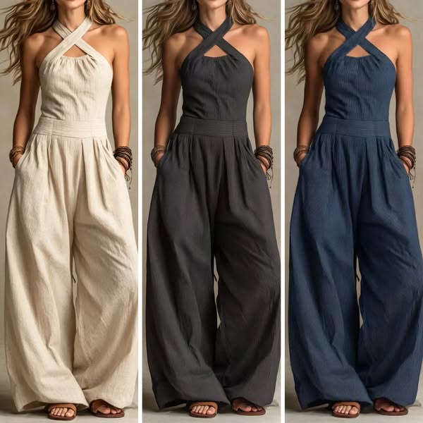 Bianca | Elegant Linen-Cotton Jumpsuit with Crossover Neckline