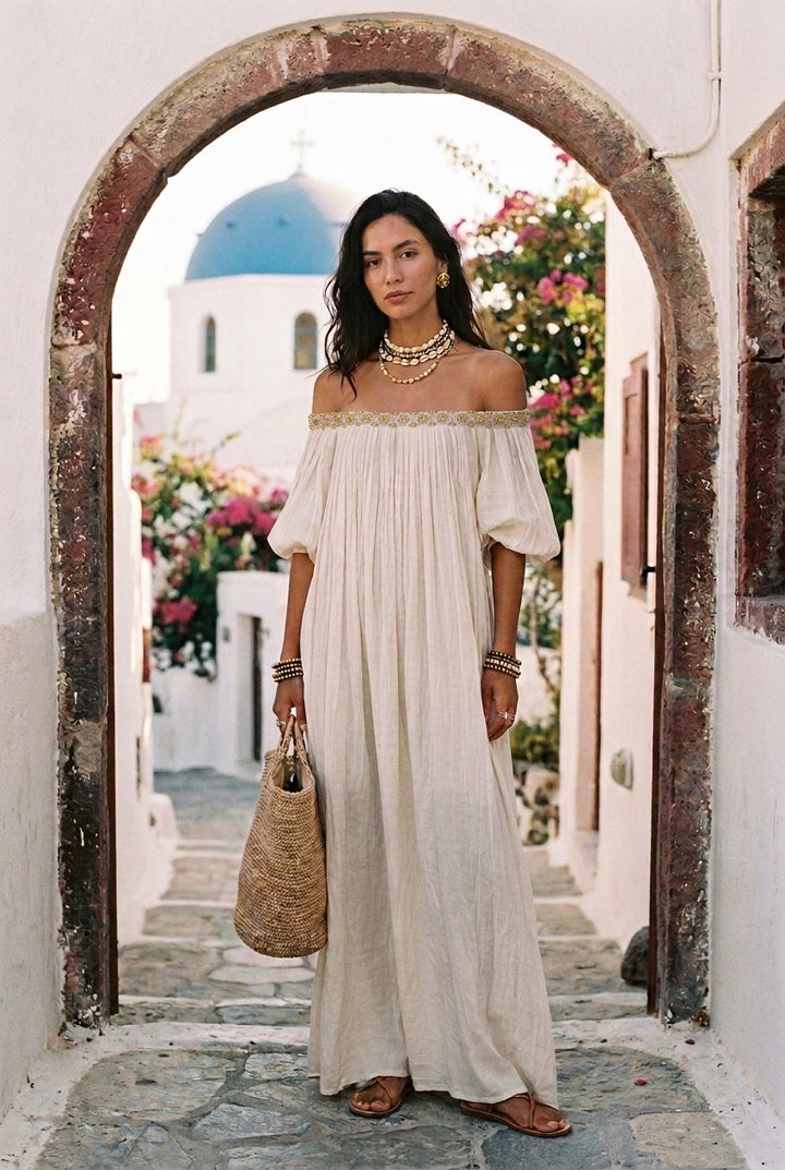Bohemian Style Off-the-shoulder Pleated Ivory Long Dress
