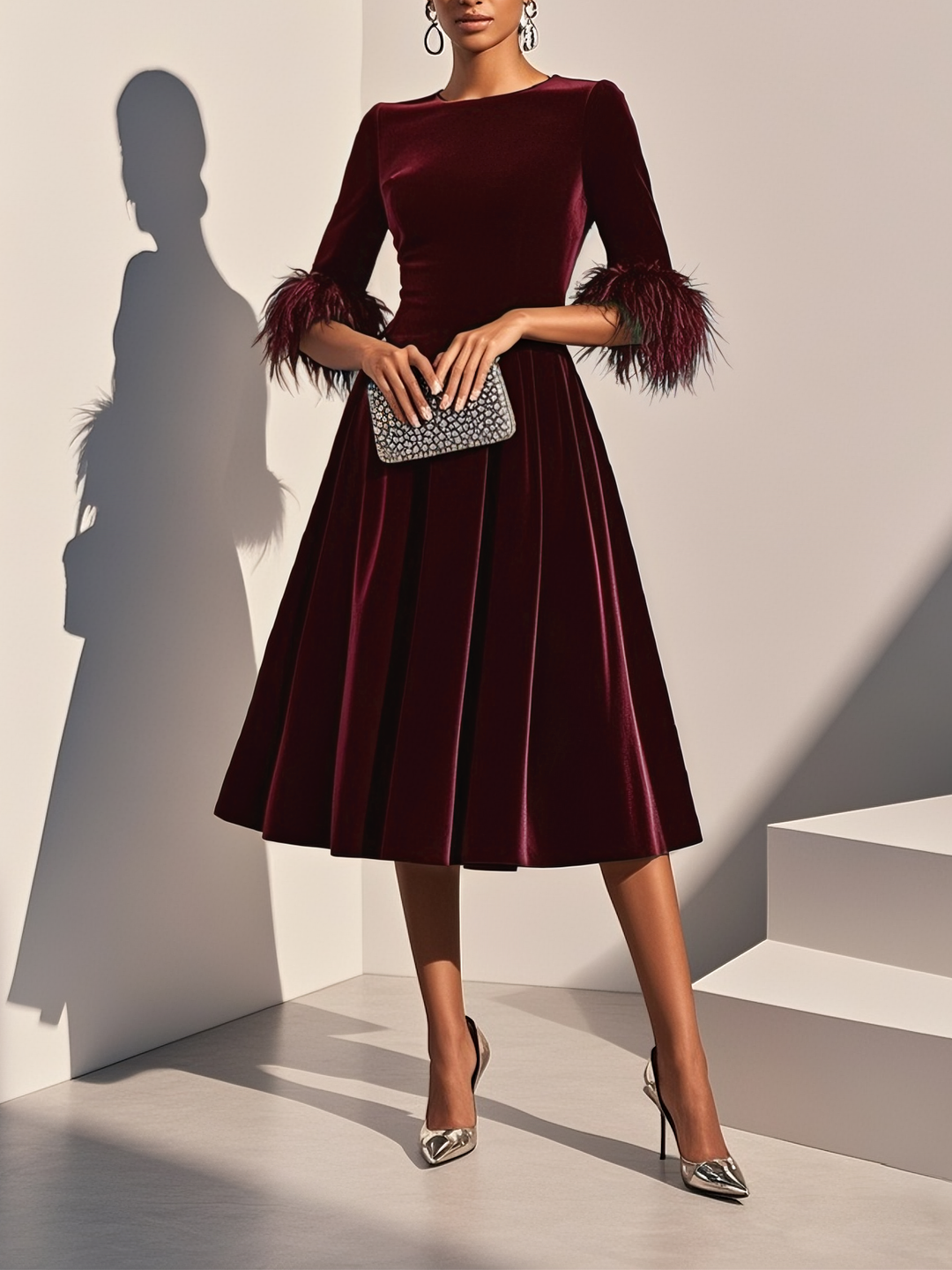 Dark Blue Feather-trimmed Velvet Round Neck Short-sleeved A-line Midi Dress