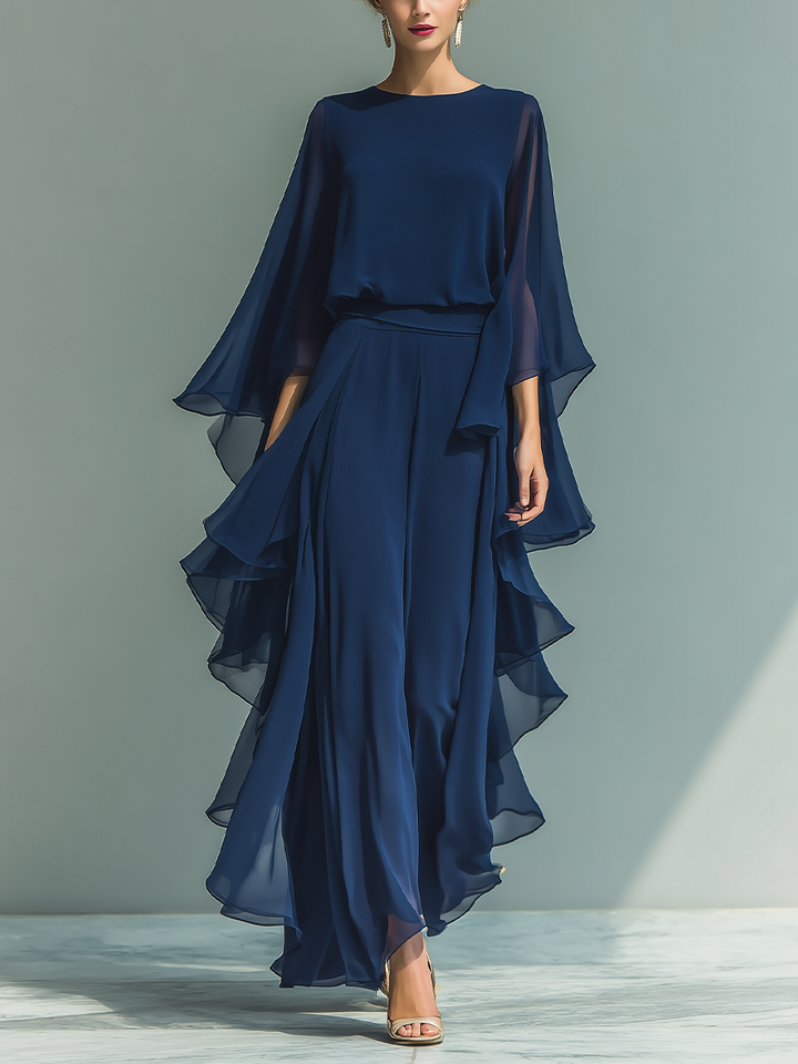 Navy Chiffon Flared-Sleeve Top and Straight-Leg Pants Set with Ruched Details
