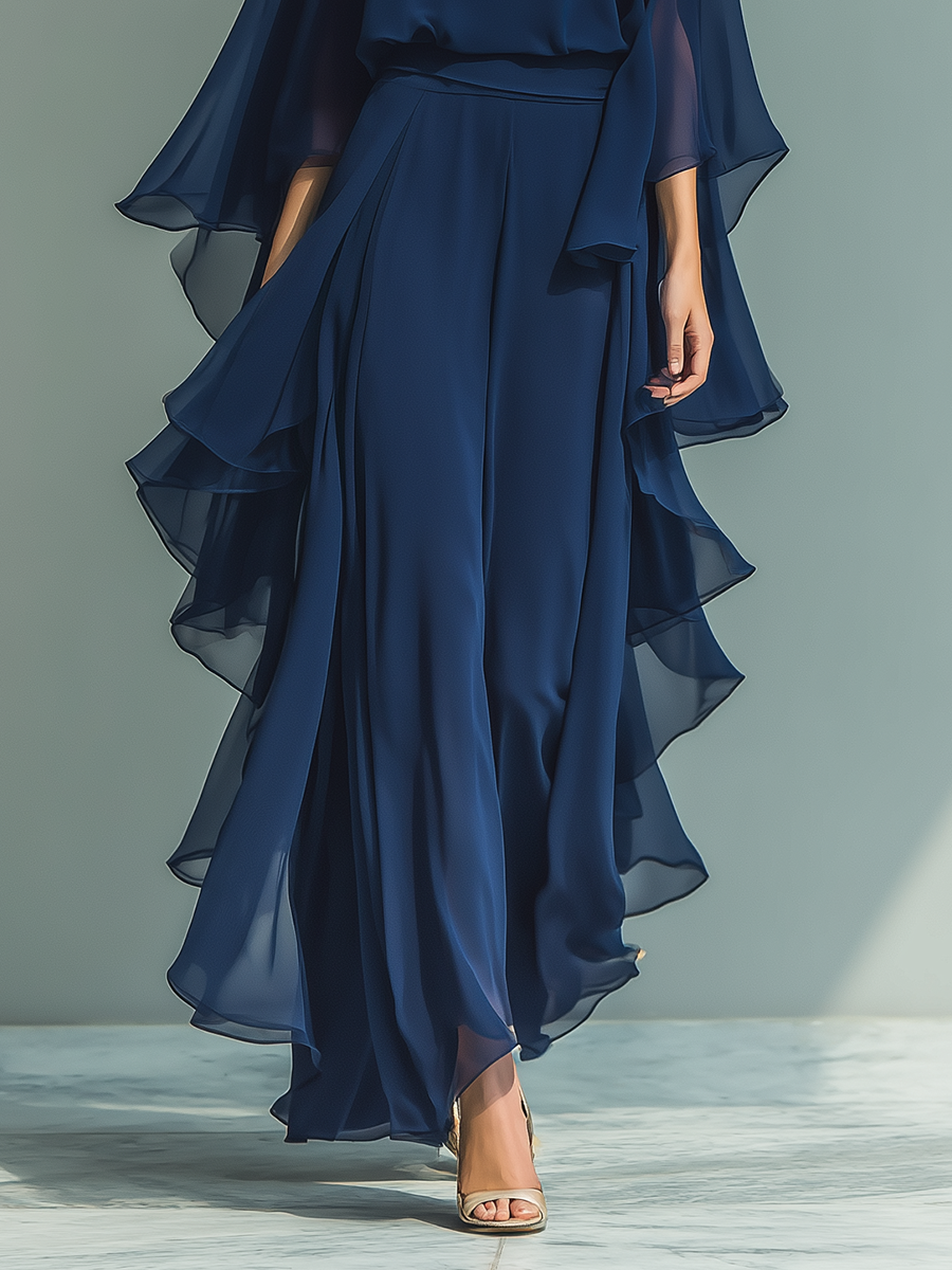 Navy Chiffon Flared-Sleeve Top and Straight-Leg Pants Set with Ruched Details