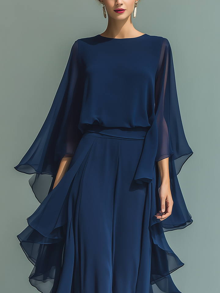 Navy Chiffon Flared-Sleeve Top and Straight-Leg Pants Set with Ruched Details