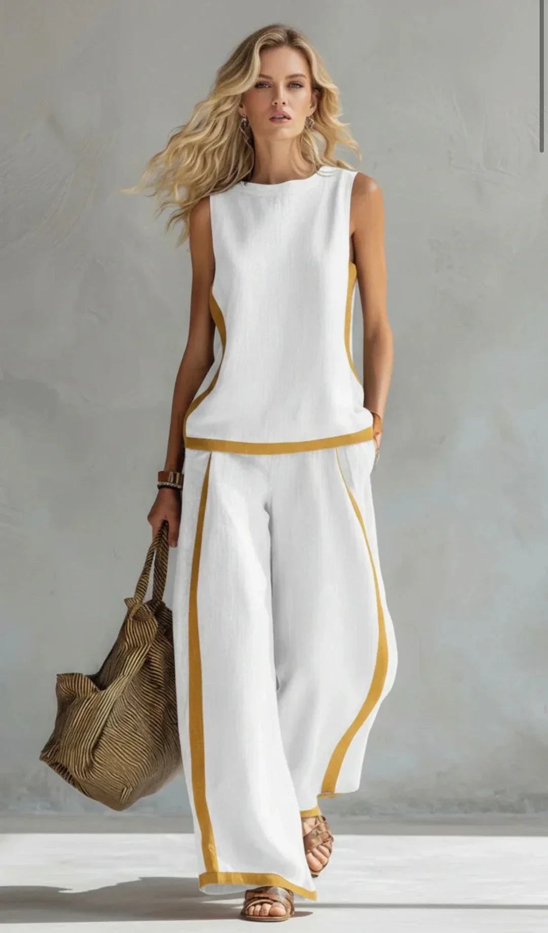 Ursula - Elegant Casual Vest and Pants Set with Two-Tone Trim