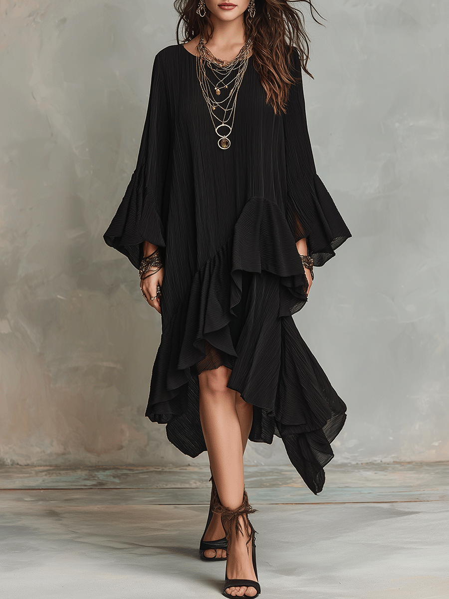 Elegant Asymmetric Ruffle Black Boho Midi Dress