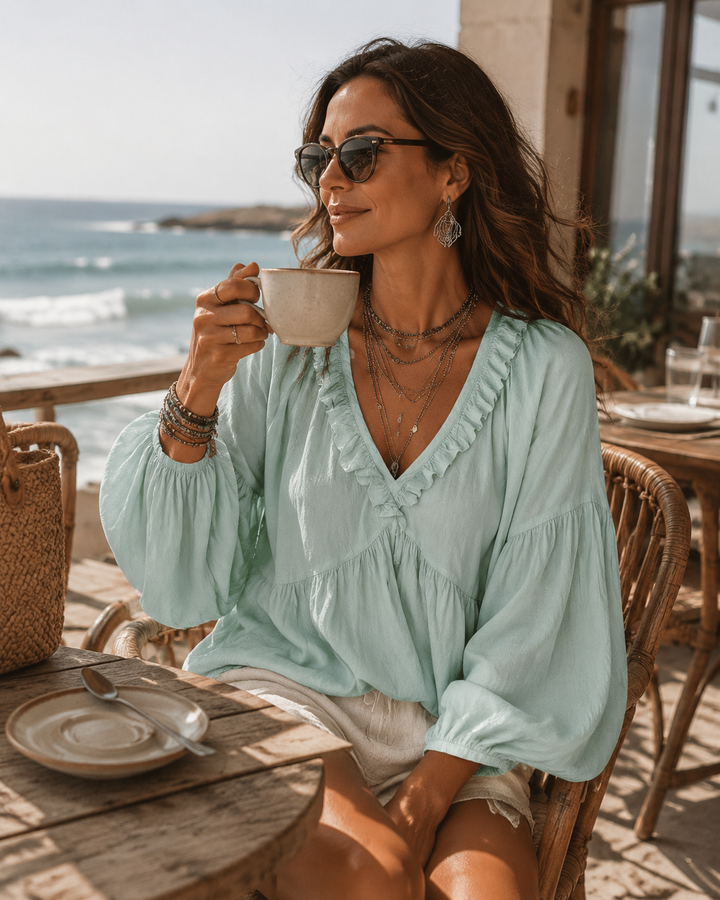 Soft Boho Ruffled V-Neck Relaxed Blouse