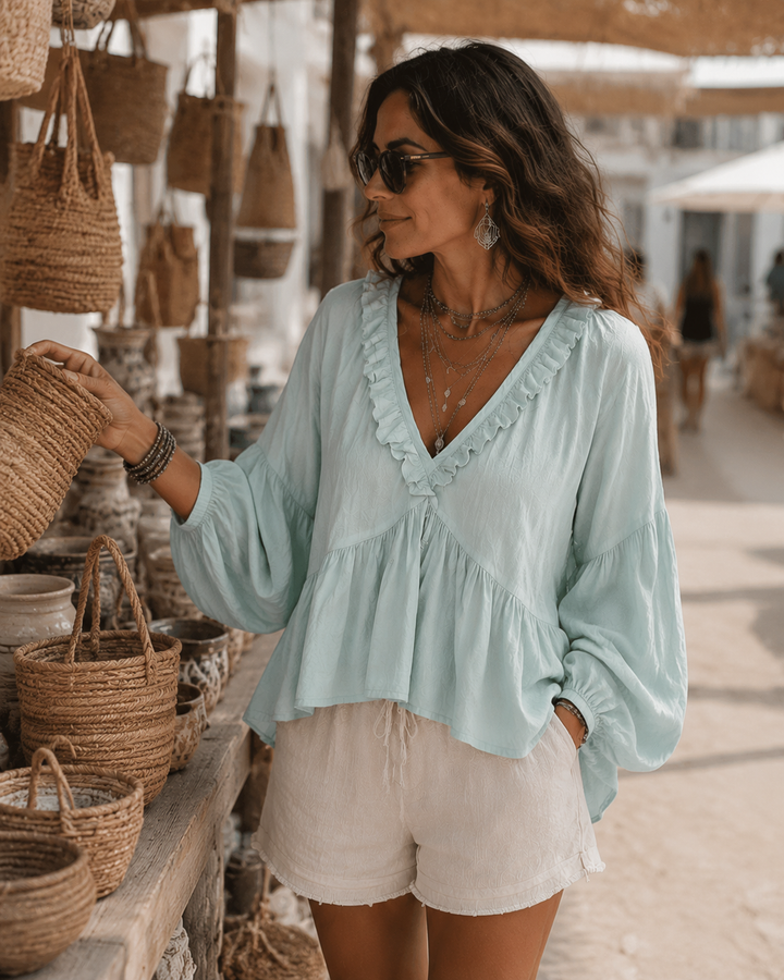 Soft Boho Ruffled V-Neck Relaxed Blouse