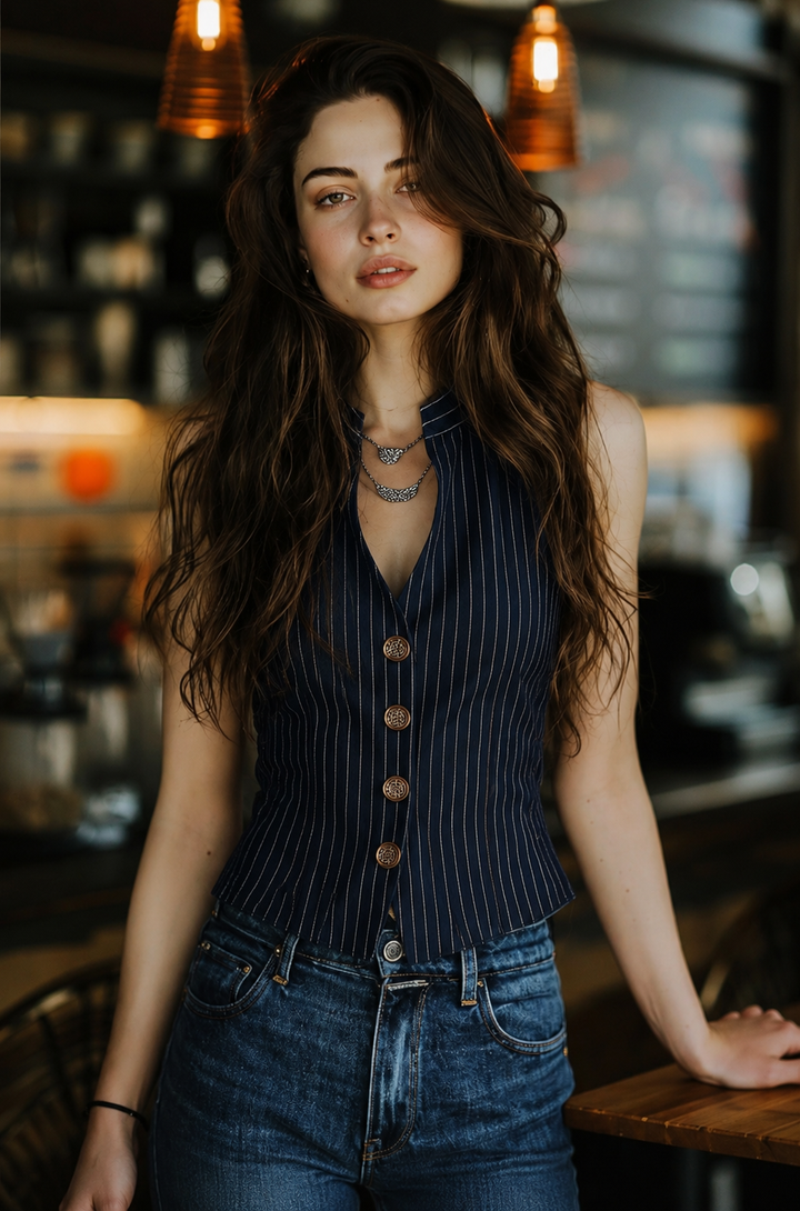 Vintage Henley Neck Sleeveless Striped Tank Top