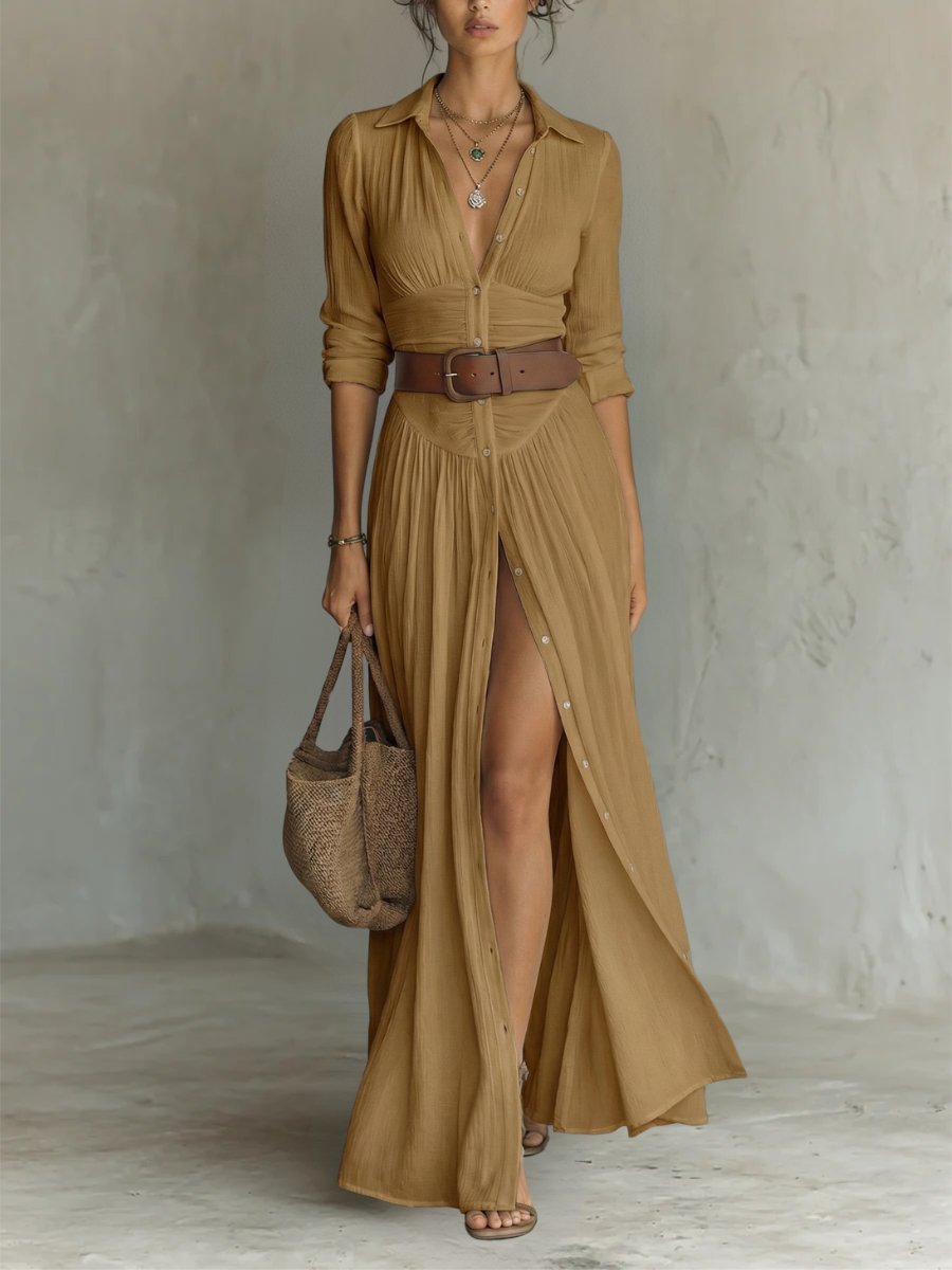 Women's Linen Maxi Dress with Lapel Collar and Long Sleeves