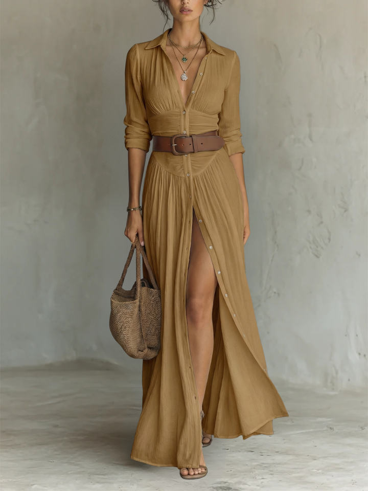 Women's Linen Maxi Dress with Lapel Collar and Long Sleeves