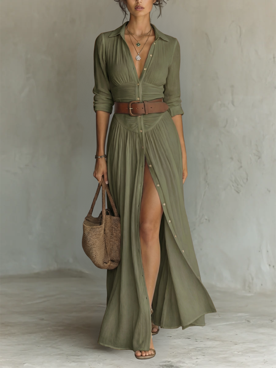 Women's Linen Maxi Dress with Lapel Collar and Long Sleeves