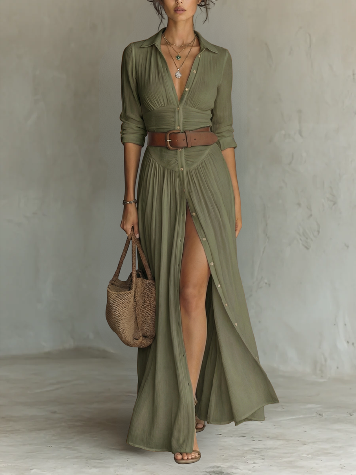 Women's Linen Maxi Dress with Lapel Collar and Long Sleeves