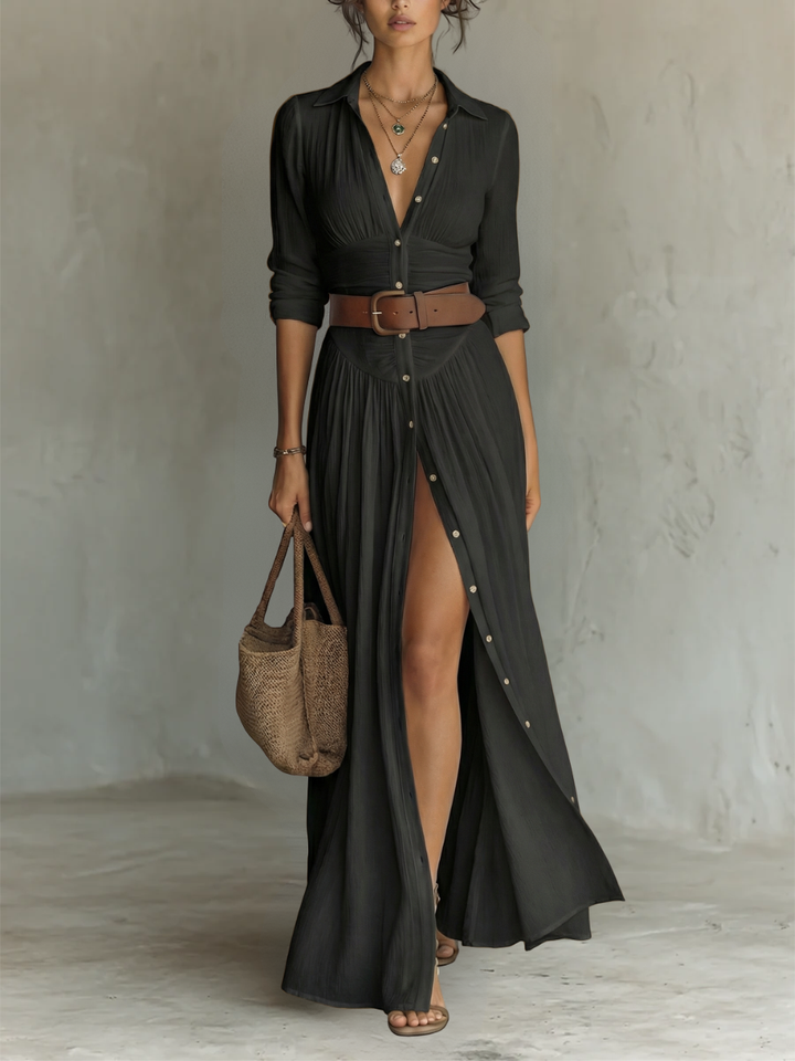 Women's Linen Maxi Dress with Lapel Collar and Long Sleeves