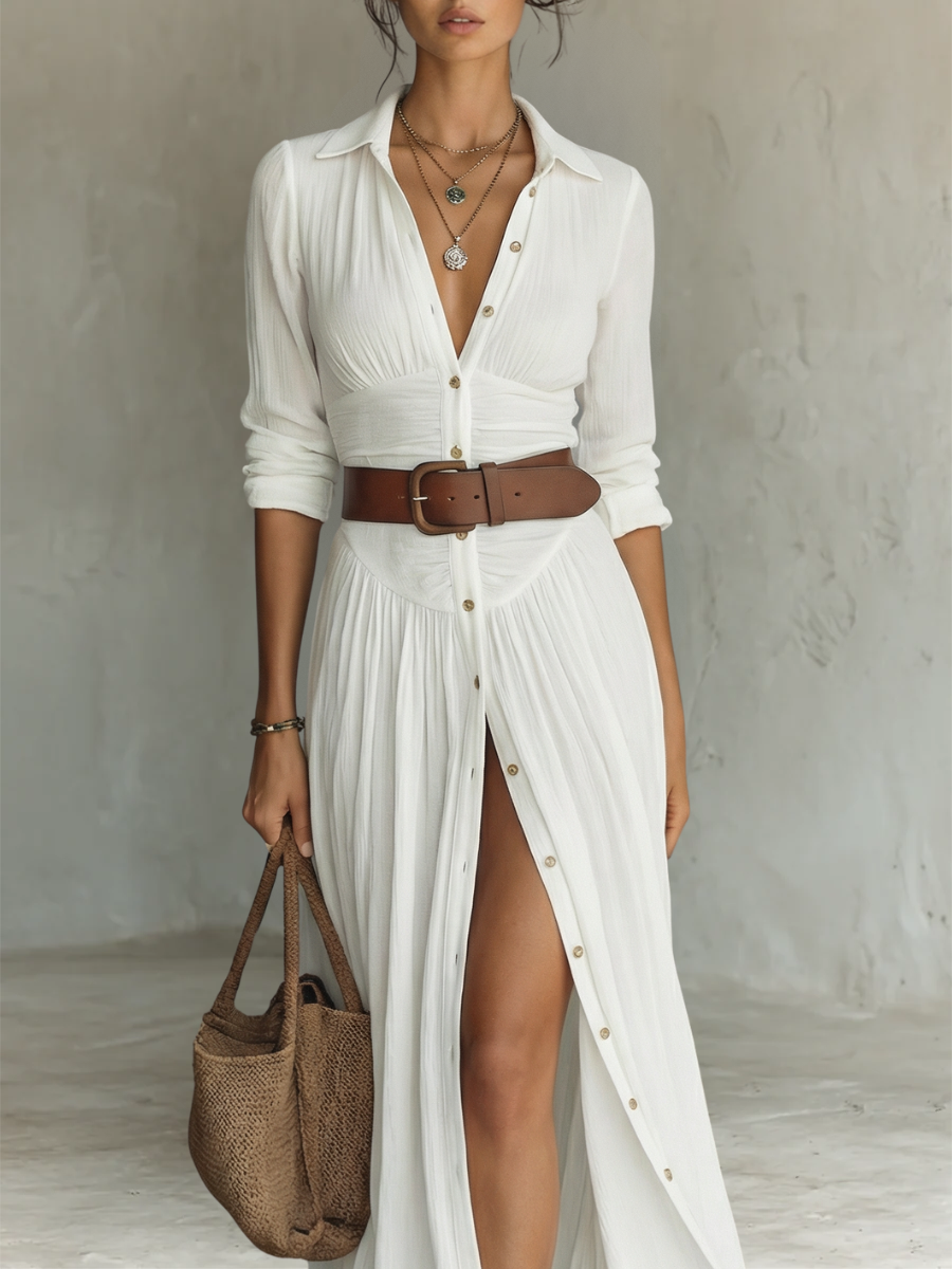 Women's Linen Maxi Dress with Lapel Collar and Long Sleeves