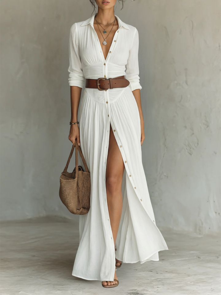 Women's Linen Maxi Dress with Lapel Collar and Long Sleeves