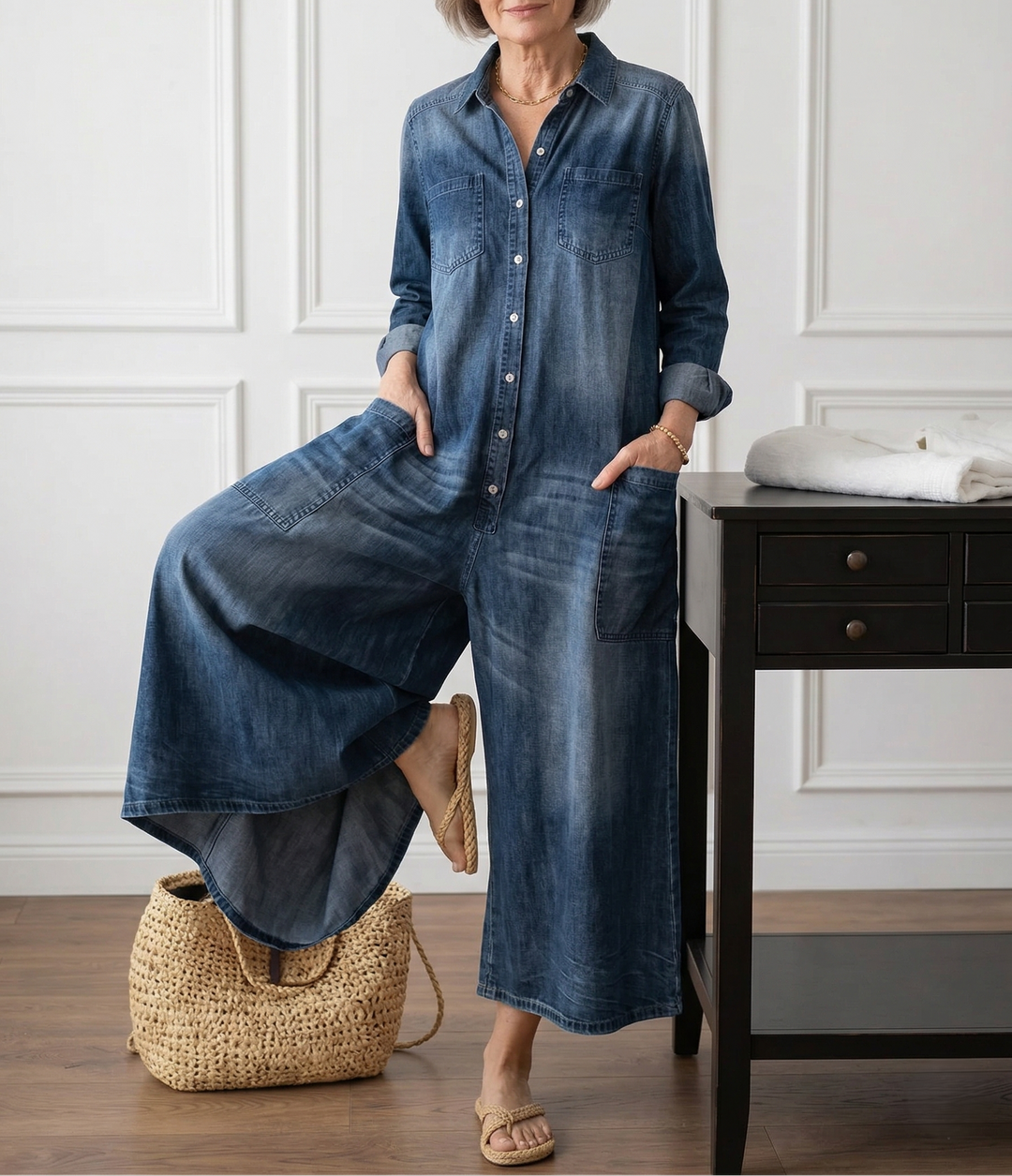 Diana | Vintage Soft Washed Cotton Denim Jumpsuit with Buttons