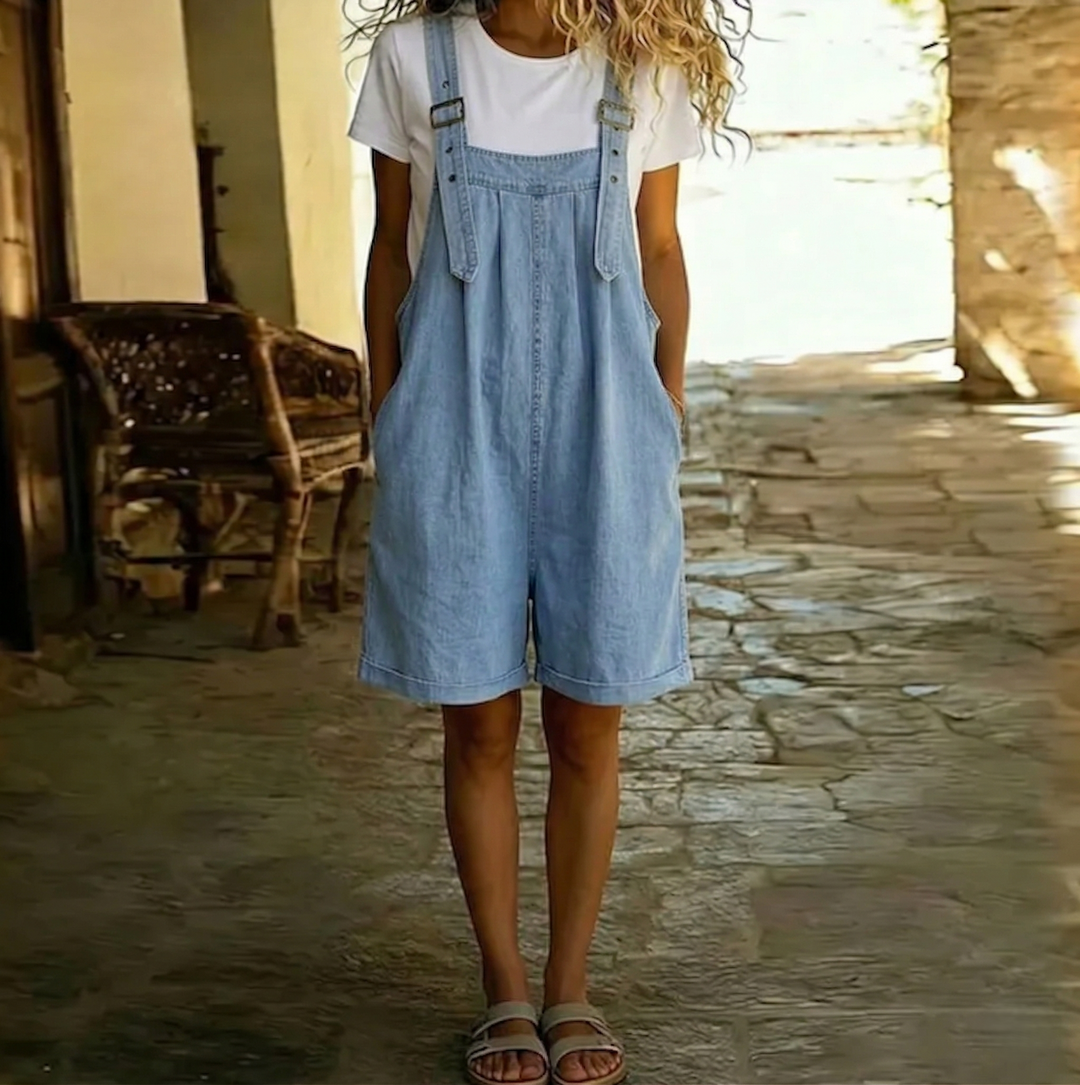 Clara | Soft Cotton Denim Overalls in Vintage Light Blue Wash