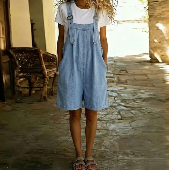 Clara | Soft Cotton Denim Overalls in Vintage Light Blue Wash