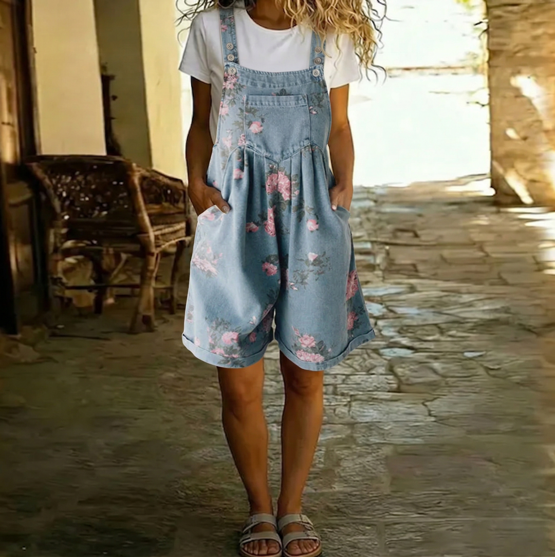 Judy | Vintage Washed Soft Cotton-Feel Floral Denim Overalls