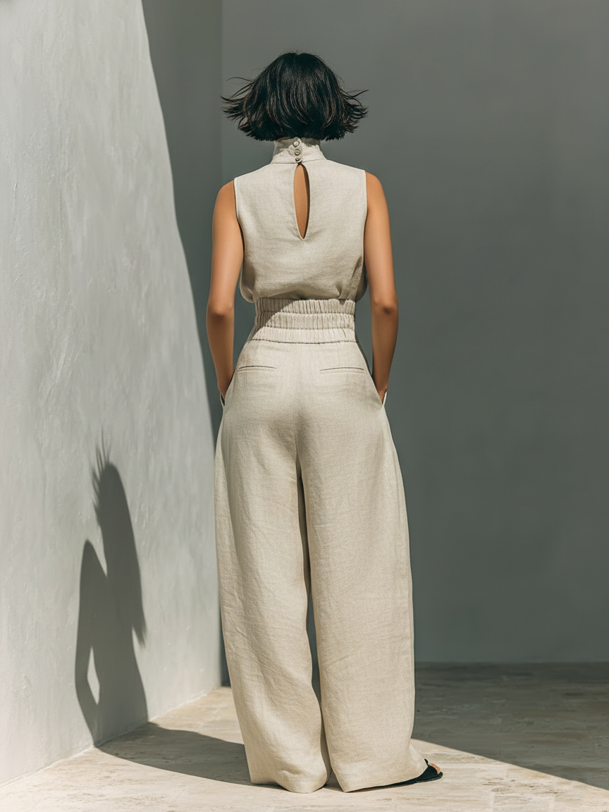 Sleeveless Blouse and Wide-Leg Pants Set in Cotton-Linen Blend