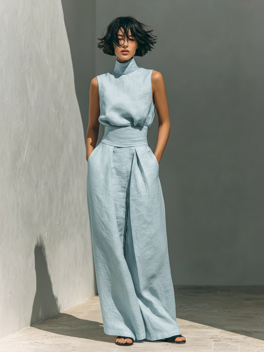 Sleeveless Blouse and Wide-Leg Pants Set in Cotton-Linen Blend