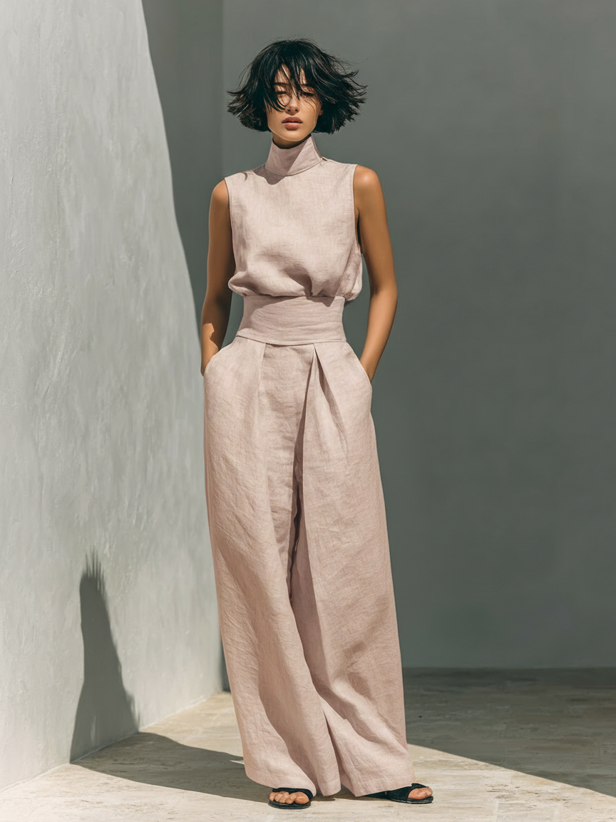 Sleeveless Blouse and Wide-Leg Pants Set in Cotton-Linen Blend