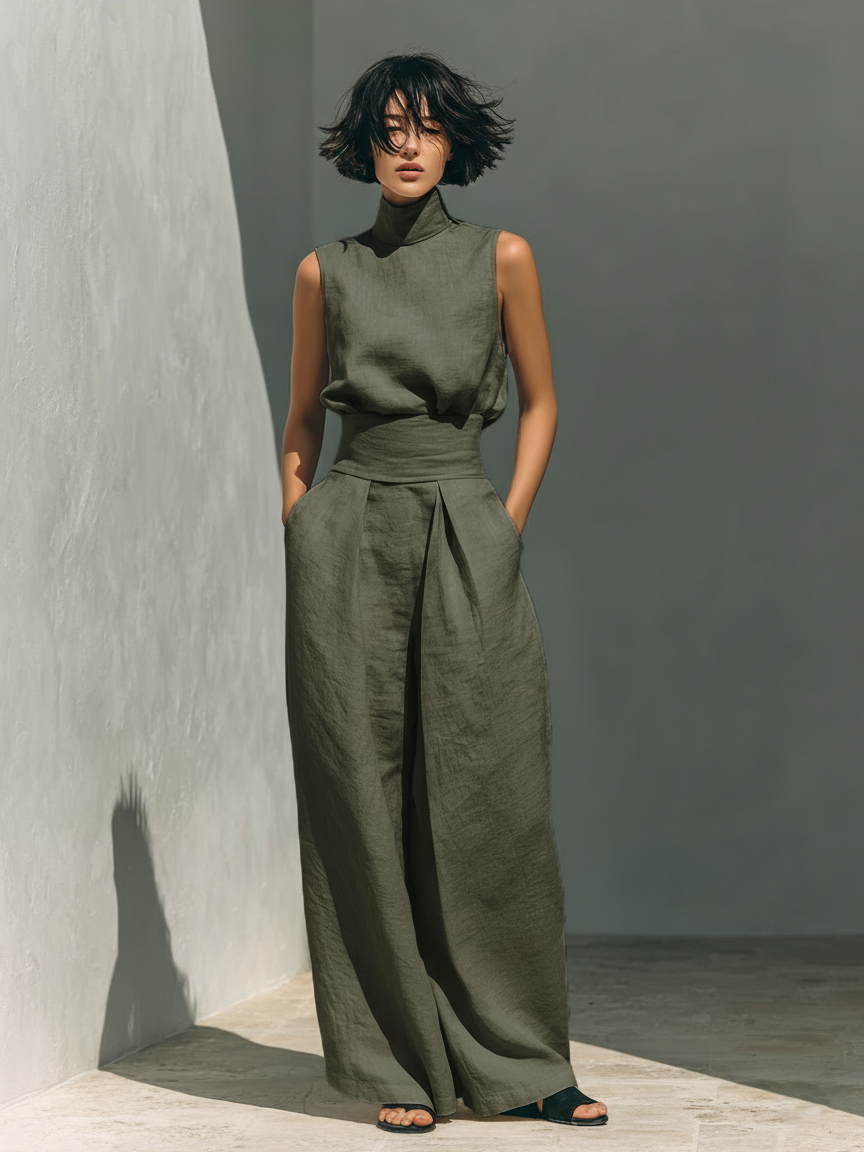 Sleeveless Blouse and Wide-Leg Pants Set in Cotton-Linen Blend