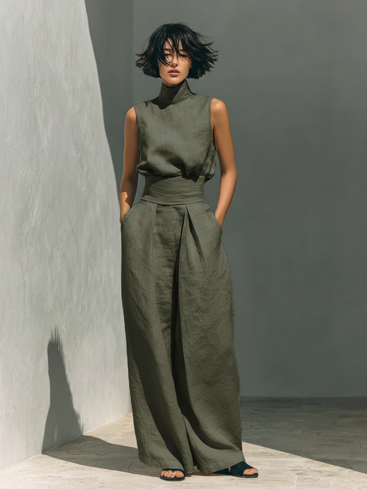 Sleeveless Blouse and Wide-Leg Pants Set in Cotton-Linen Blend