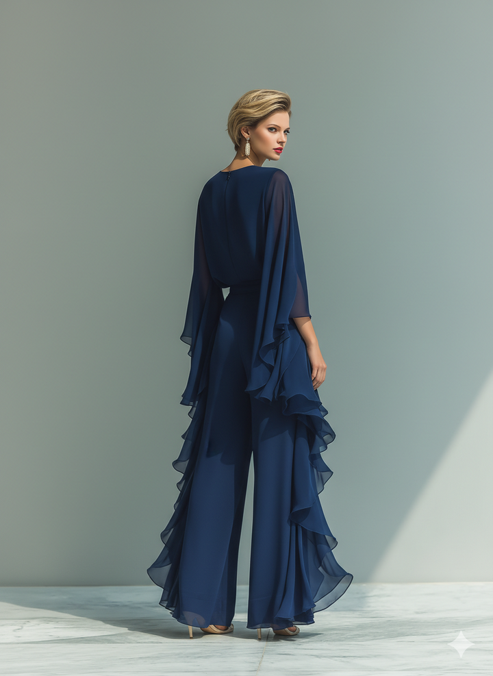 Navy Chiffon Flared-Sleeve Top and Straight-Leg Pants Set with Ruched Details