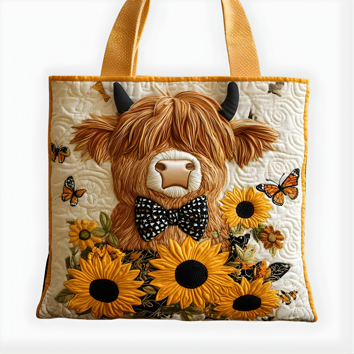 Highland Cow Sunflower Charm | Handmade Quilted Tote