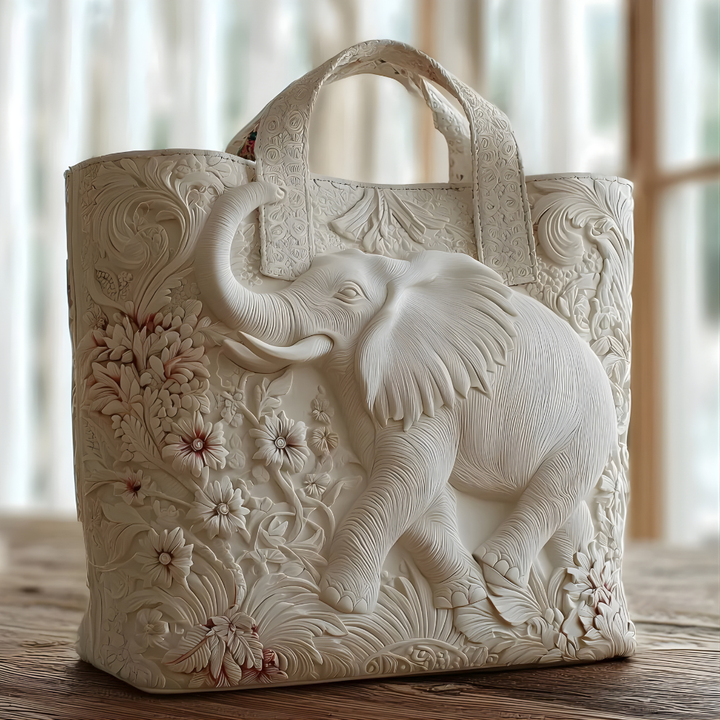 Ivory Elephant Elegance | Handmade Quilted Tote