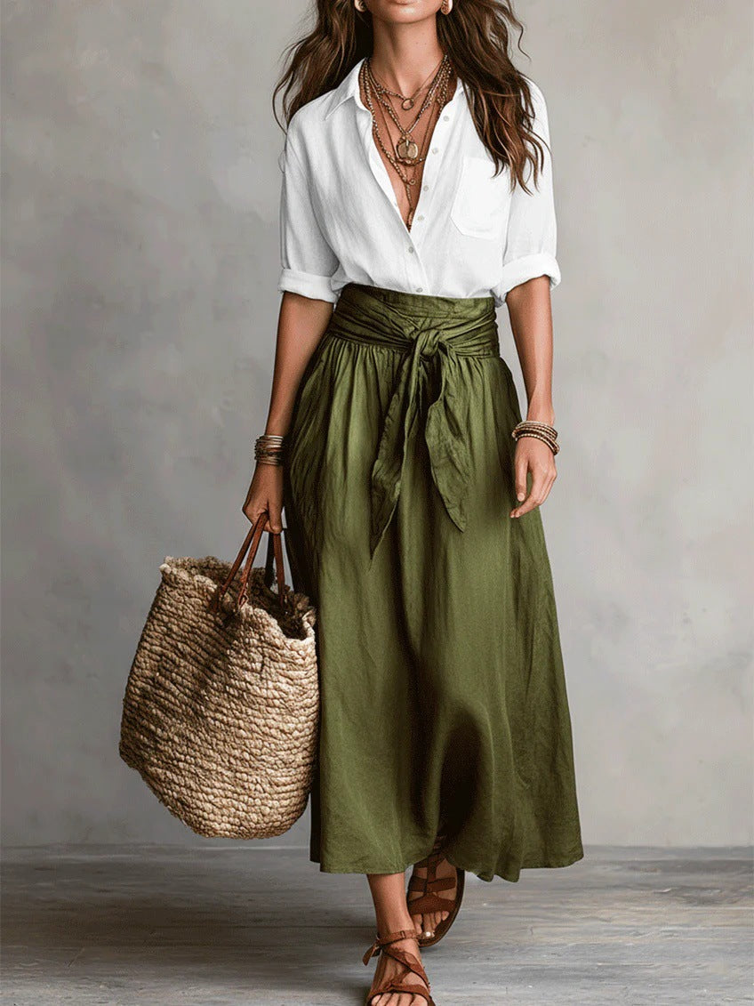 Vera – Two-Piece Set: Black Top and Olive Green Midi Skirt