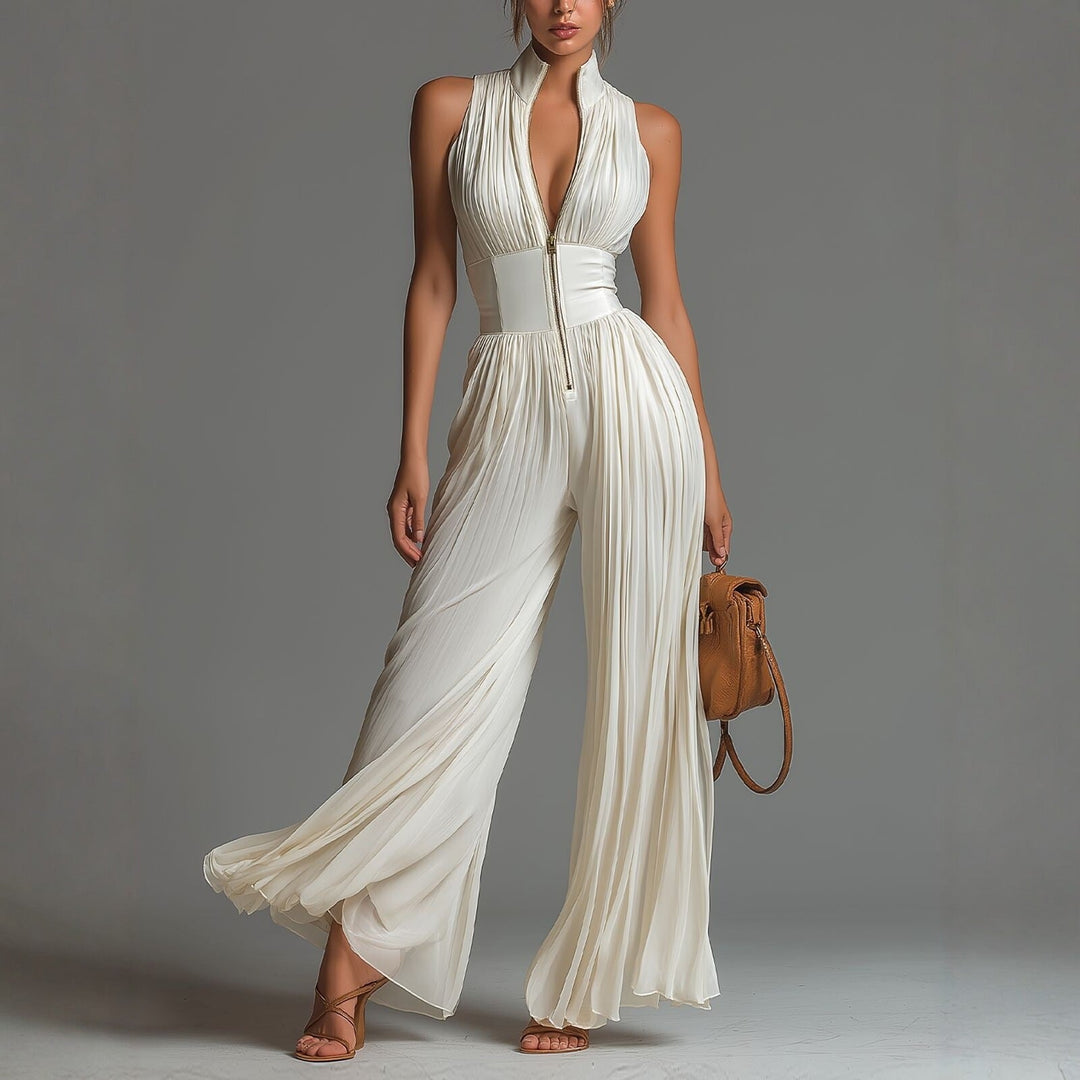 White Sleeveless Chiffon Jumpsuit with V-Neck, Zip and Pleated Wide-Leg Pants