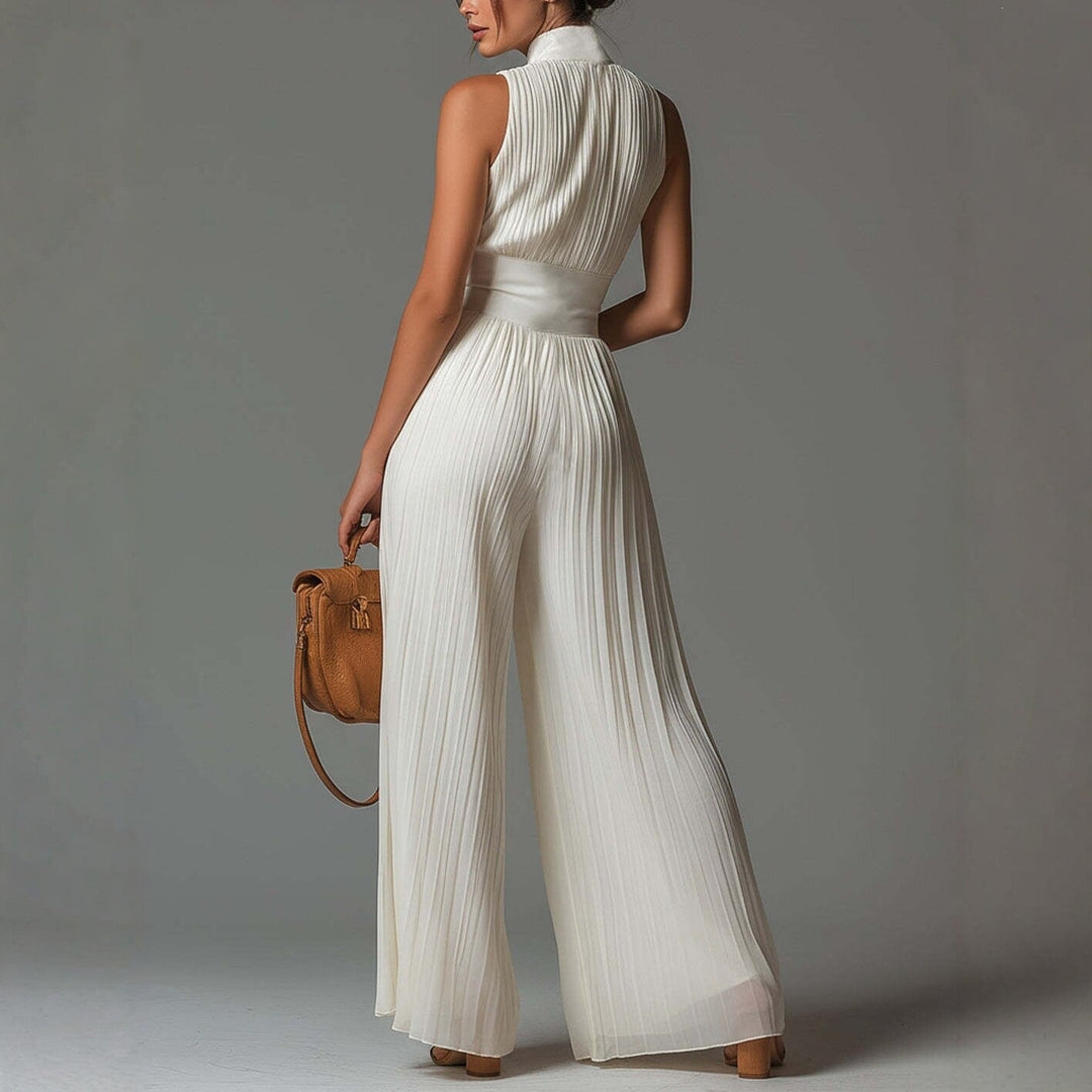 White Sleeveless Chiffon Jumpsuit with V-Neck, Zip and Pleated Wide-Leg Pants