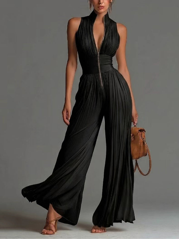 White Sleeveless Chiffon Jumpsuit with V-Neck, Zip and Pleated Wide-Leg Pants
